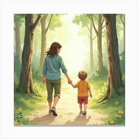 Toddler Holding Hands With A Parent Walking In A Soft Watercolor Forest Canvas Print