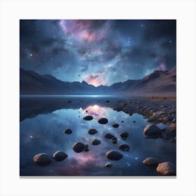 Reflection Of A Beautiful Moonscape And Galactic Sky With Many Nebulae And Stars Over A Placid Mountain Lake Canvas Print