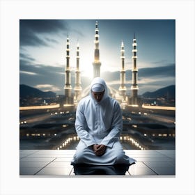 A 3d Dslr Photography Muslim Wearing Futuristic Digital Suit , Praying Towards Makkah Standing Tall Award Winning Photography Canvas Print