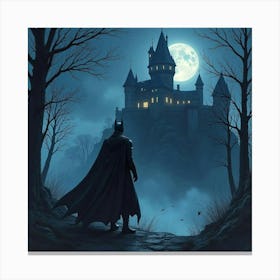 Dark Knight Standing Before A Haunted Castle At Night, Watercolor Effect 1 1 Canvas Print