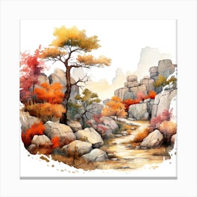 Watercolor Landscape With Trees And Rocks Canvas Print