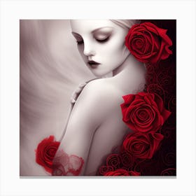 Beautiful Woman And Red Roses Canvas Print
