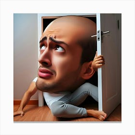 A Person With A Giant Head Trying To Fit Through A Door Frame And Getting Stuck, Looking Panicked Canvas Print