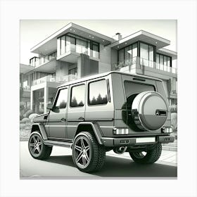 A Pencil Drawing Of A Mercedes Benz G Wagon In Front Of A Beautiful Modern Mansion 2 Canvas Print