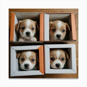 4 Puppies Peeking Out Of Boxes Canvas Print