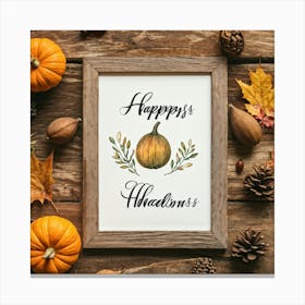 Calligraphy Tableau Featuring An Acorn Nestled Among Fall Leaves Hand Drawn Script Greeting Happy (4) Canvas Print