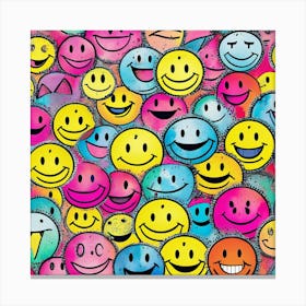 Smiley Faces, Whimsical Collage Featuring A Collection Of Hand Drawn Smiley Faces Varying In Expressions Canvas Print