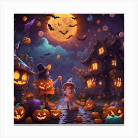 Halloween Pumpkins And Witches Canvas Print
