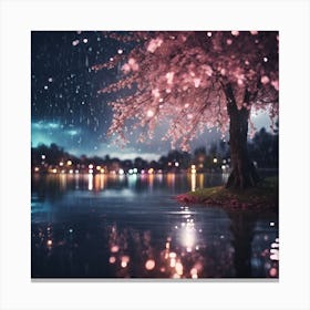 Multicoloured Lights on the Lake with Illuminated Cherry Blossom Canvas Print