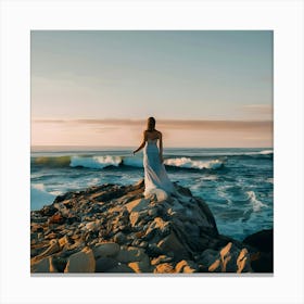 Bride On Rocks At Sunset Canvas Print