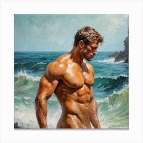 Naked muscular man at the sea, Vincent Van Gogh Style Canvas Print