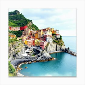 Scenic Watercolor Of An Italian Coastal Town, With Colorful Buildings And Tranquil Waters 1 Canvas Print