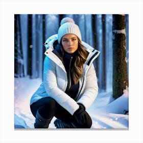 Woman in down jacket in a snowy forest Canvas Print