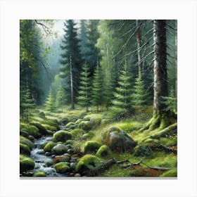 Stream In The Forest, Acrylic Painting Style 6 Canvas Print