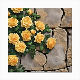 Yellow Climbing Roses On Stone Wall Canvas Print