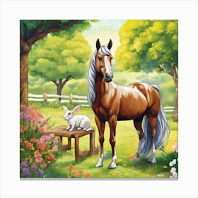 Horse And Rabbit In The Garden Canvas Print