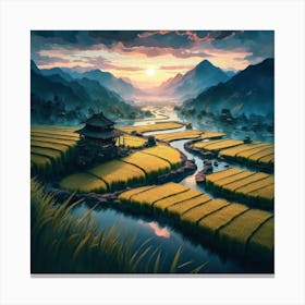 Beautiful views of rice fields, close to the river and surrounded by mountains, 5 Canvas Print