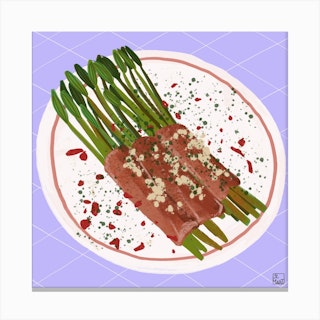 Wild Asparagus On Checkered Tablecloth Square Canvas Print