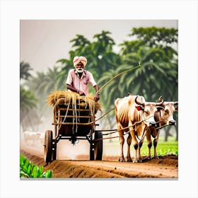 An Indian Farmer Ploughing The Field With Bullock Cart Canvas Print