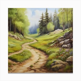 Road In The Woods.A dirt footpath in the forest. Spring season. Wild grasses on both ends of the path. Scattered rocks.Oil colors.16 Canvas Print