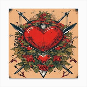 Heart With Swords And Roses Canvas Print