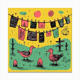 Duckling Under A Washing Line Linocut Style 3 Canvas Print