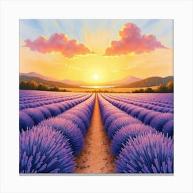 Watercolor Of A French Lavender Field Under A Golden Sunset Sky 1 Canvas Print