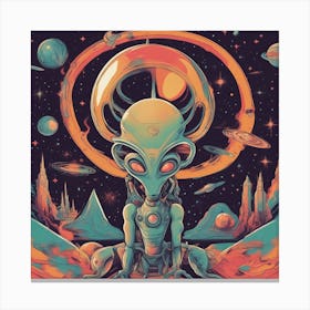 A Retro Style Alien Space, With Colorful Exhaust Flames And Stars In The Background 1 Canvas Print