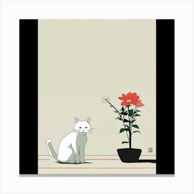 White Cat And A Flower Canvas Print