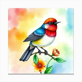 A Whimsical Bird Perched On A Colorful Flower, In Watercolor With A Vibrant Rainbow Background Canvas Print