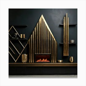 Firefly Bold, Geometric, Fireplace, Design, Polished, Black, Brass, Accents, Narrow, Shelves, Minima (10) Canvas Print