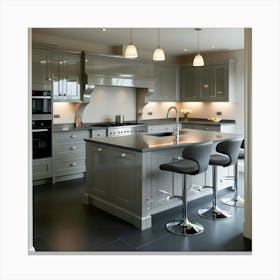 A Stunning, Fully Fitted Kitchen Exudes Sophistication In A Soothing Palette Of Neutral Grey And Charcoal, With Sleek, High Gloss Cabinets That Reflect The Soft, Warm Lighting 7 Canvas Print