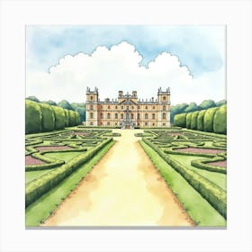 Watercolor Painting Of The Blenheim Palace, Showcasing Its Grand Façade And Expansive Gardens Canvas Print