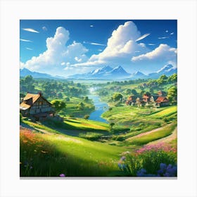 A Serene Village Landscape With Lush Green Fields And Colorful Houses Depicting The Picturesque Set(1) Canvas Print