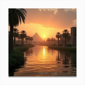 Serene Nile River At Sunset With Ancient Temples And Lush Palm Trees Surrounding Canvas Print