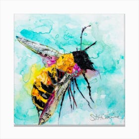 Blue And Yellow Watercolor Mindful Bee Square Canvas Print