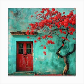 Red Tree In Front Of House Canvas Print