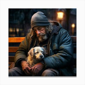 Watercolor Homeless Man With Dog Sleeping On Park Bench Studio Photography Complex Details Canvas Print