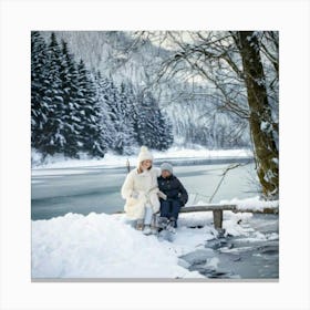 Firefly Charming Winter Walk By The Lake With Children 82698 Canvas Print