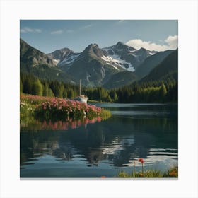 Mountain Lake With Flowers Canvas Print