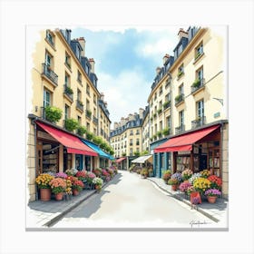 Parisian Street Corner In Watercolor With Flower Stalls And Charming Buildings 1 Canvas Print