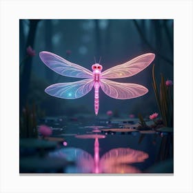 A Dreamy Dragonfly With Wings Of Cascading, Neon Light Hovering Over A Surreal Pond Canvas Print