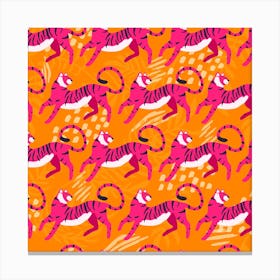 Bright Pink Tiger Pattern On Vibrant Orange Pattern With Decoration Square Canvas Print