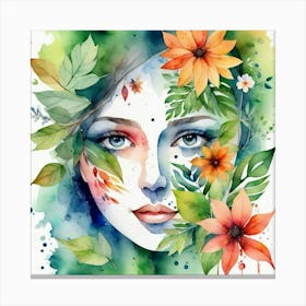 Watercolor Of A Woman With Flowers 1 Canvas Print