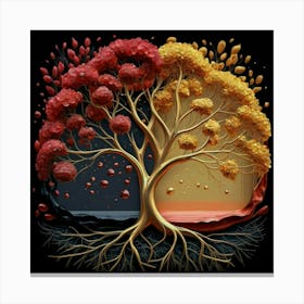 Template: Half red and half black, solid color gradient tree with golden leaves and twisted and intertwined branches 3D oil painting 10 Canvas Print