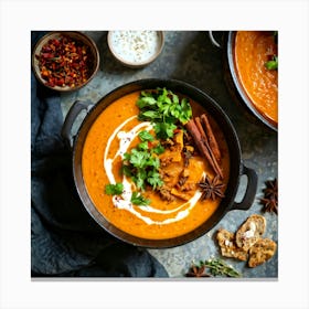 Autumn Pumpkin Curry Soup Simmering In A Traditional Clay Pot Steam Rising Surrounded By An Assort Canvas Print