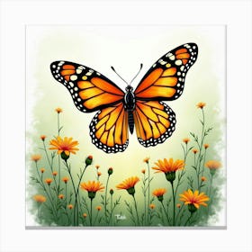 Beautiful Monarch With Watercolor Lush Meadow 1 Canvas Print