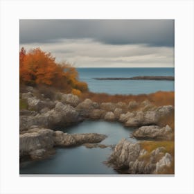 Rocky Shore With Autumn Foliage Canvas Print