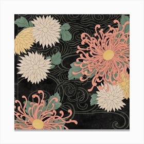 Watery Floral Japanese Woodblock - Black Canvas Print