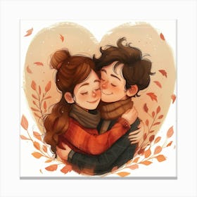 Couple Hugging Autumn Leaves Canvas Print